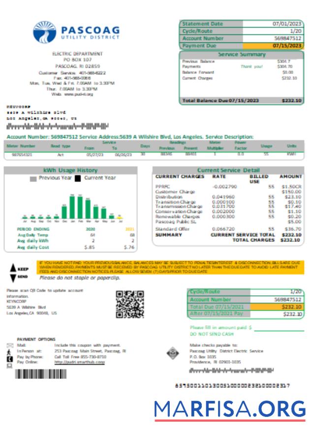 Realistic Pascoag Utility District utility business bill, SCR real example